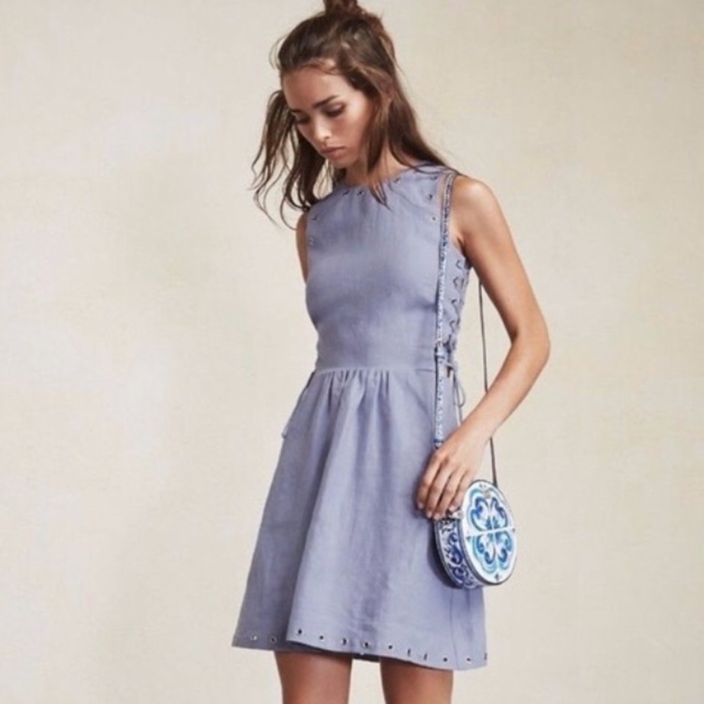 Reformation Blue Linen Sleeveless Lace-up Dress 8